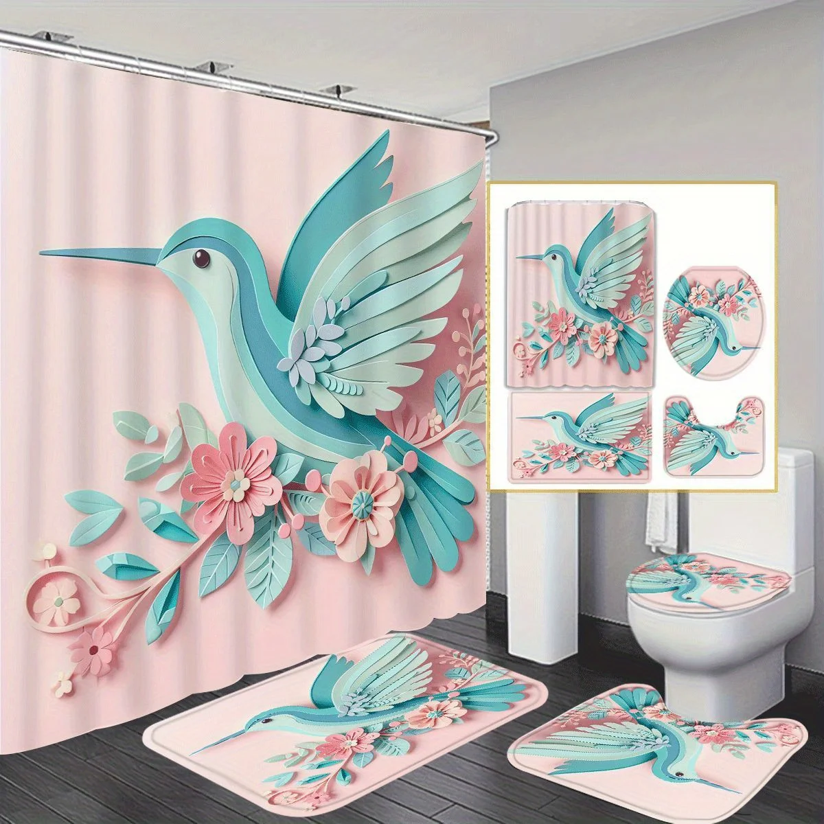 

3D Floral Print Patterned Shower Curtain, Polyester, Includes 1/4 Set, Non-Slip Bath Mat, U-Shaped Toilet Seat and 12 Hooks