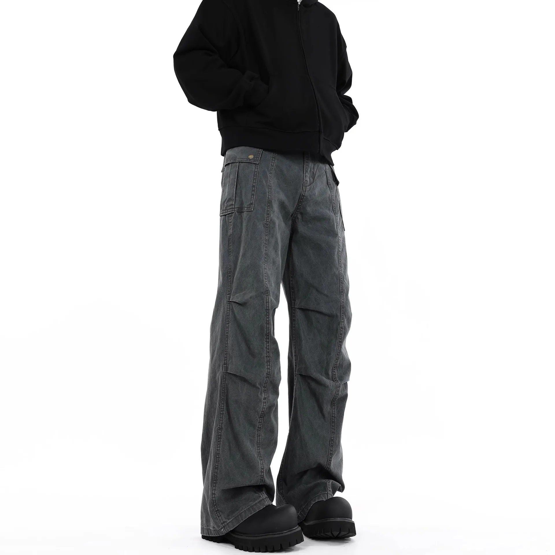 Pleated Cargo Jeans Straight-leg Man Loose Casual Wide-leg Pant Loose Casual All-matching Solid Simple Fashionable Comfortable