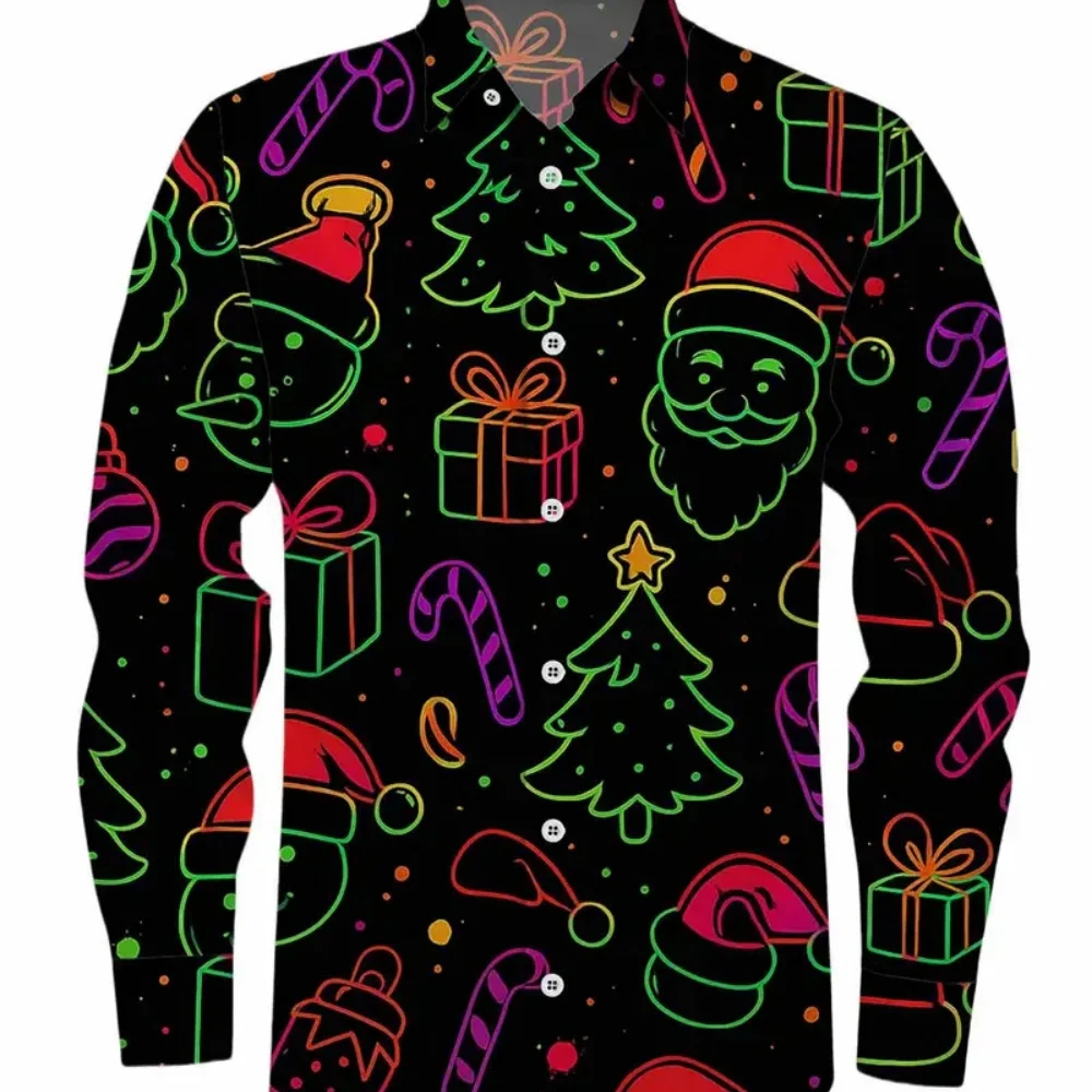 

Men's Christmas Patterned Long Sleeved Shirt Designer Print Lapel Buttons Casual plus Size Top Christmas Gift Fast Shipping