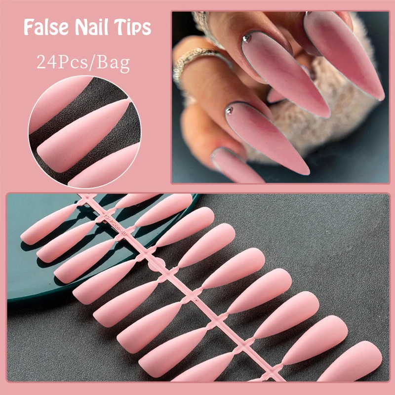 

24Tips/Set False Nail Tips Press on Nails Design Wearable Full Cover Almond Coffin Nail Art Frosted Tips for Nail Extension Tool
