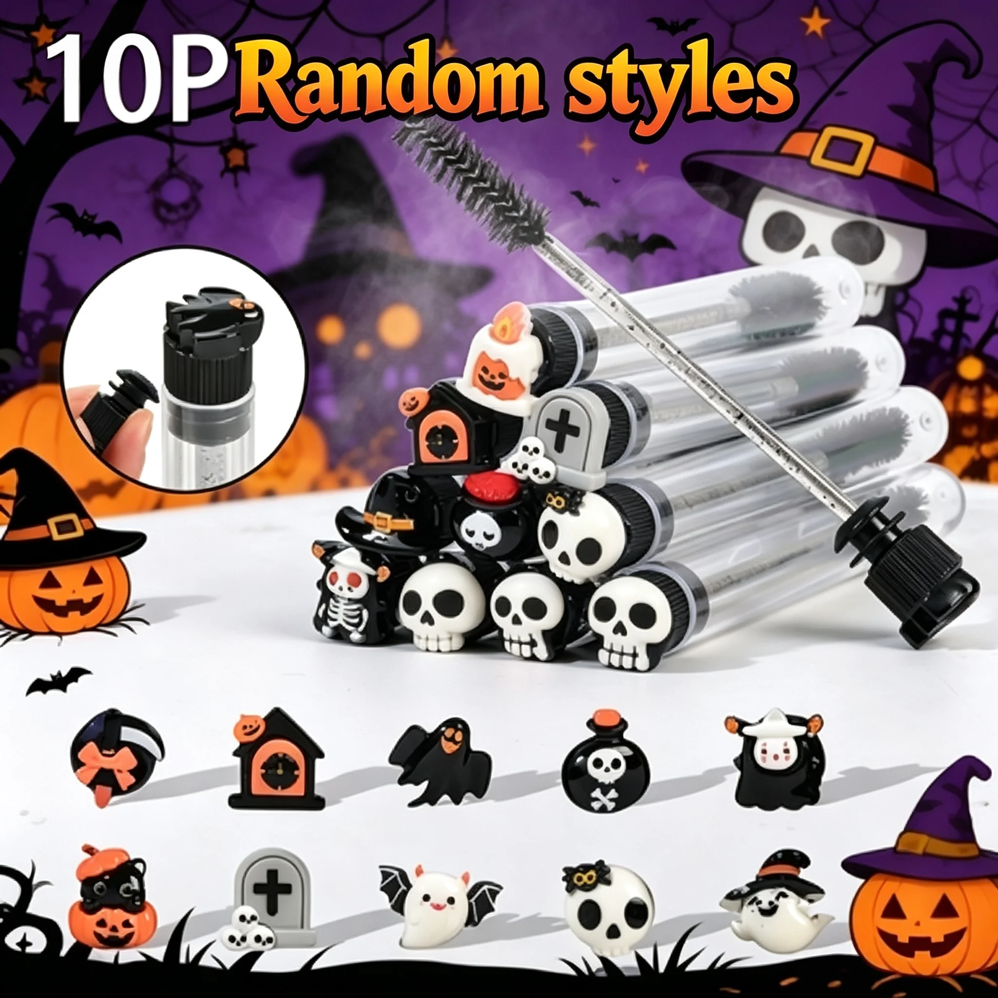 10pcs Professional Halloween Tube Mascara Wand Spooky Horror & Cute Face Brushes Eyelash& Eyebrow Grooming Kitfor Parties