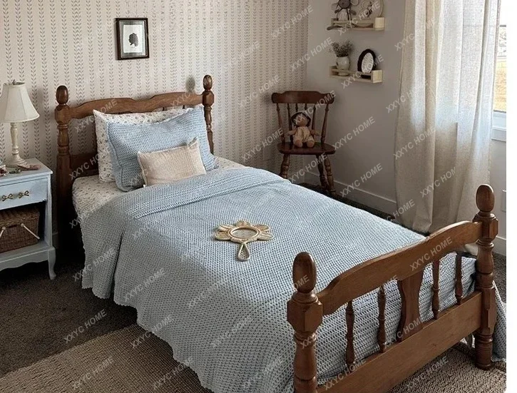 Full solid wood bed children's room 1.5 meters single bed retro home bedroom