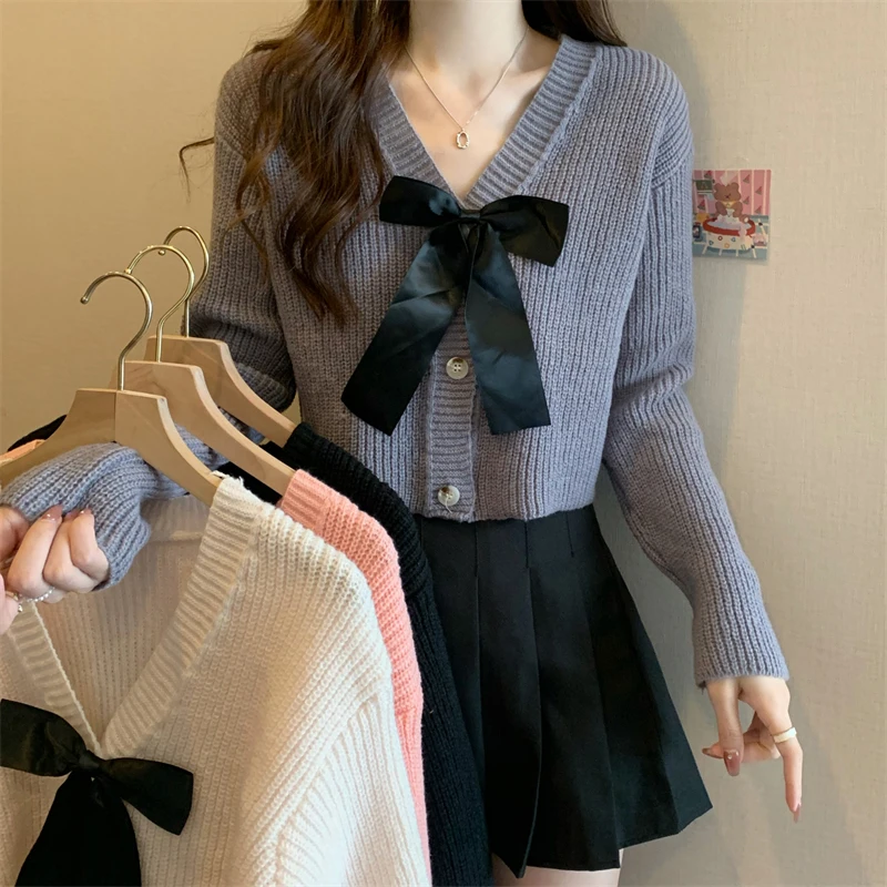 Autumn White Women Cardigan Korean Bow Sweet Slim Female Casual Sweater Fashion New V Neck Long Sleeve Ladies Crop Tops