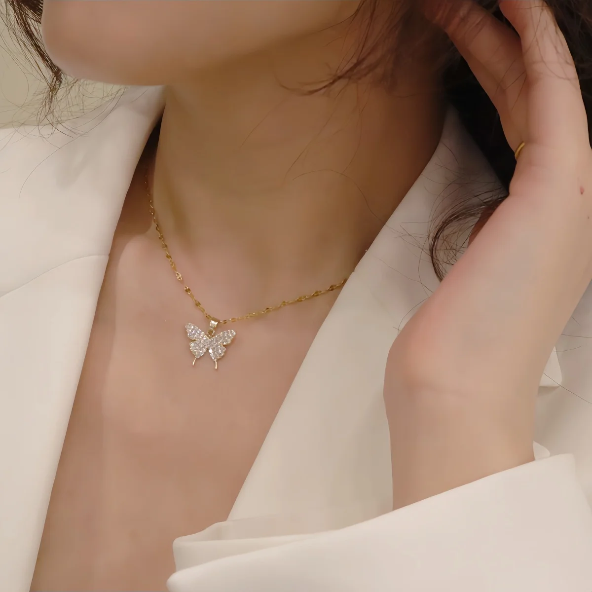 السيدات الذهبي لامعة فراشة كريستال قلادة قلادة رائعة طوق سلسلة حفل زفاف مجوهرات هدية #4