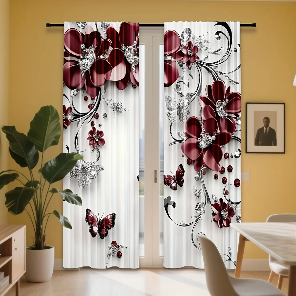 2PCS Luxury Curtains, Burgundy Floral Butterfly Diamond Decor, Digital Print, Bedroom Living Room, Rod Pocket, Home Decor