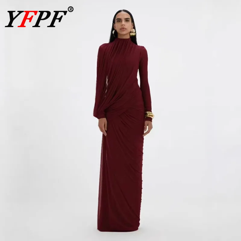 

YFPF Pleated Design Elegant Long Dress For Women 2026 New Party Asymmetrical Slim Solid Color Dresses Fashion Clothing