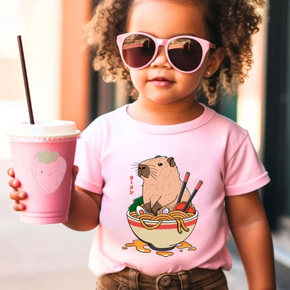 

Pink Teen Girl Clothes Capibara Graphic T Shirts Children Top Short Sleeve Children's T-Shirt Cartoon Capybara Crew Neck T Shirt