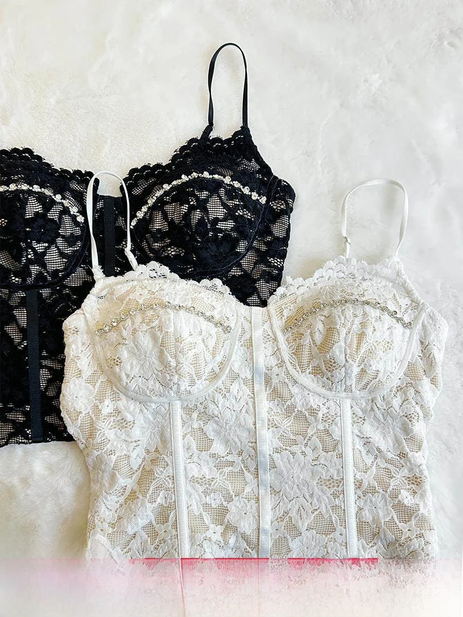 

Sy Lace Crop Top with Built-in Bra Pad Spicy Girl Celebri Beautiful Ba Strap Vest Korean Sle Casual Faion for Women