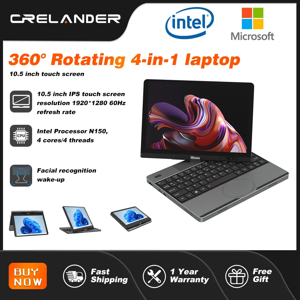 Ordinatore portatile CRELANDER Yoga 360 °   CPU Intel N150 rotante Touch screen da 10,5" 2K 60Hz Frequenza di aggiornamento M2 SSD Sblocco facciale Mini laptop