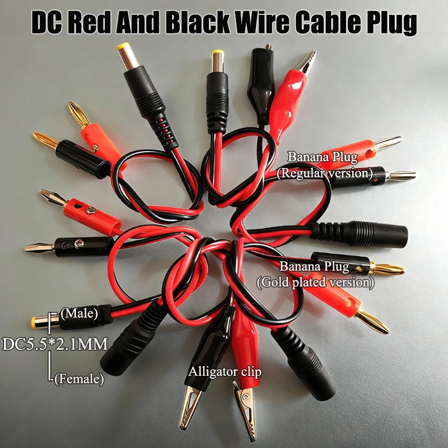 

1PCS DC5.2 * 2.1MM Male And Female Plug To Banana Plug 4mm Standard/gold-plated Version To Crocodile Clip Power Test Cable 27CM