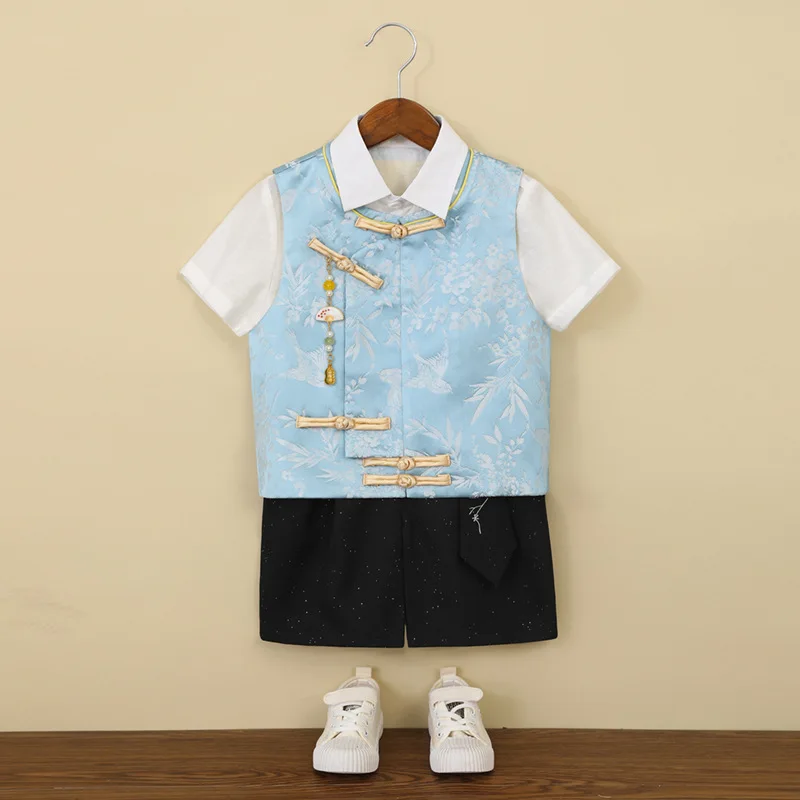 Kids Boys Traditional Outfit Blue Floral Jacquard Vest with Tassel Pendant, Short Sleeve Shirt Sparkle Shorts for Birthday 10 Y