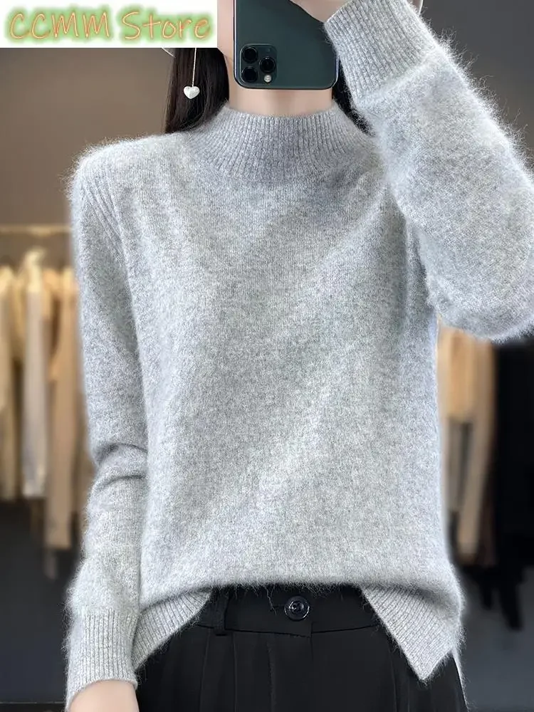 

Mink Cashmere Sweater Women's Half High Collar Pullover Long Sleeve Cashmere Knitwear Fashion Autumn Winter Female Clothing