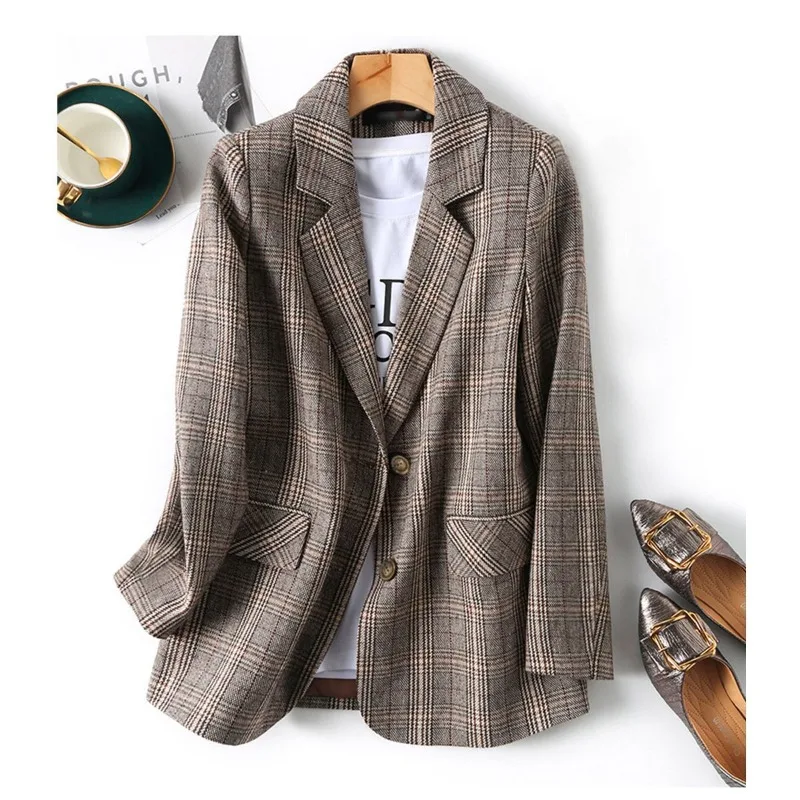 

New 2026 Spring Autumn Vintage Single Breasted Office Plaid Blazer Ladies Korean Loose Suit Jacket Women Fashion Female Top