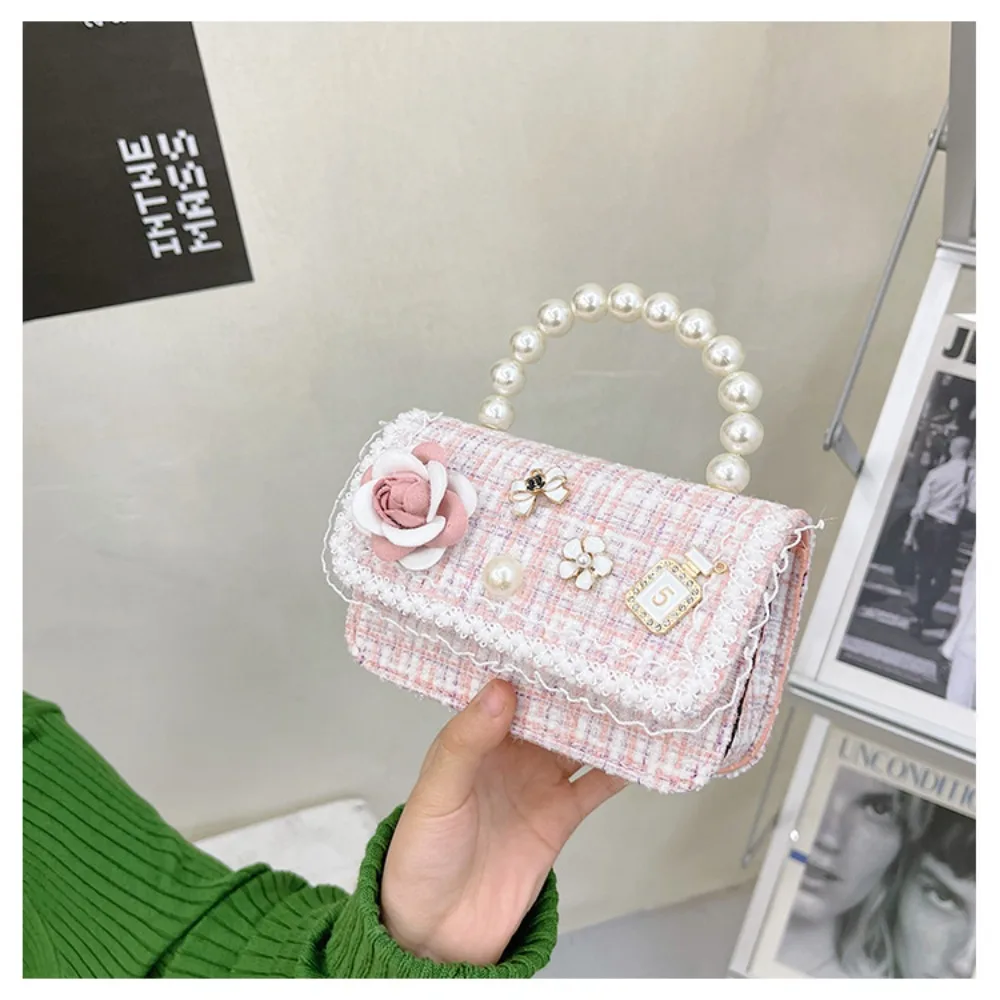 Modische Blumendekoration Kleine Quadratische Tasche mit Perlengriff Koreanischer Stil Umhängetaschen Mini Schultertasche für Kinder – Detail 4