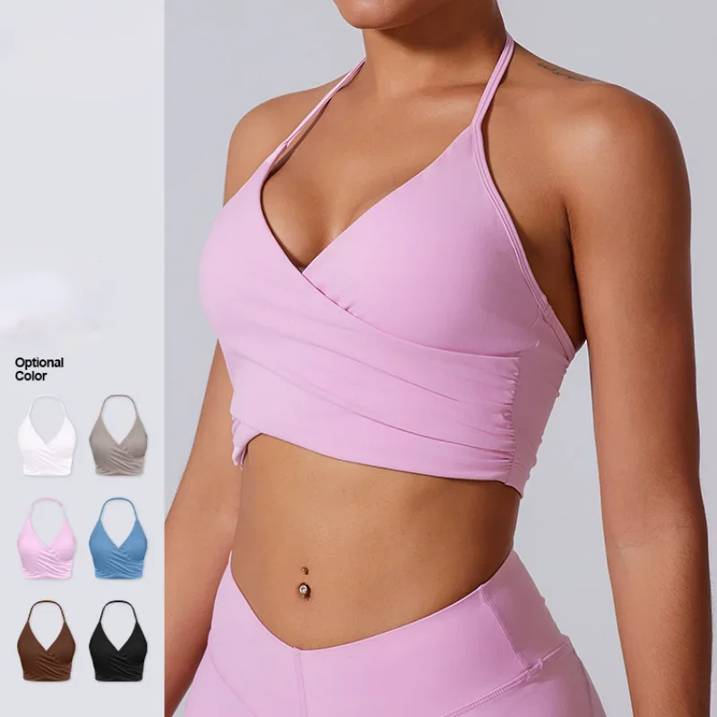 Women's Hanging Neck Sports Bra Sexy Backless Thin Straps Yoga Underwear Push Up Running Fitness Tops Gym Bralette Tank Top