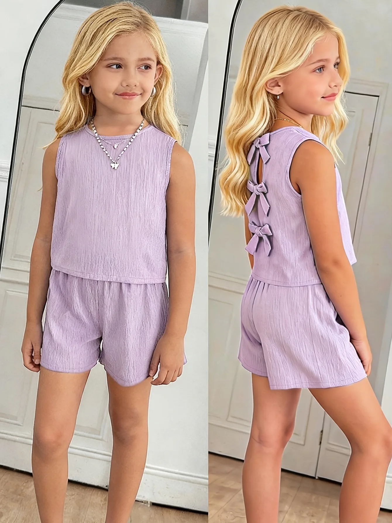 Kids Girls 2-Piece Summer Casual Set, Lavender Crinkle Texture Sleeveless Tank Top With Back 3 Bow Cutout Design & Elastic Waist