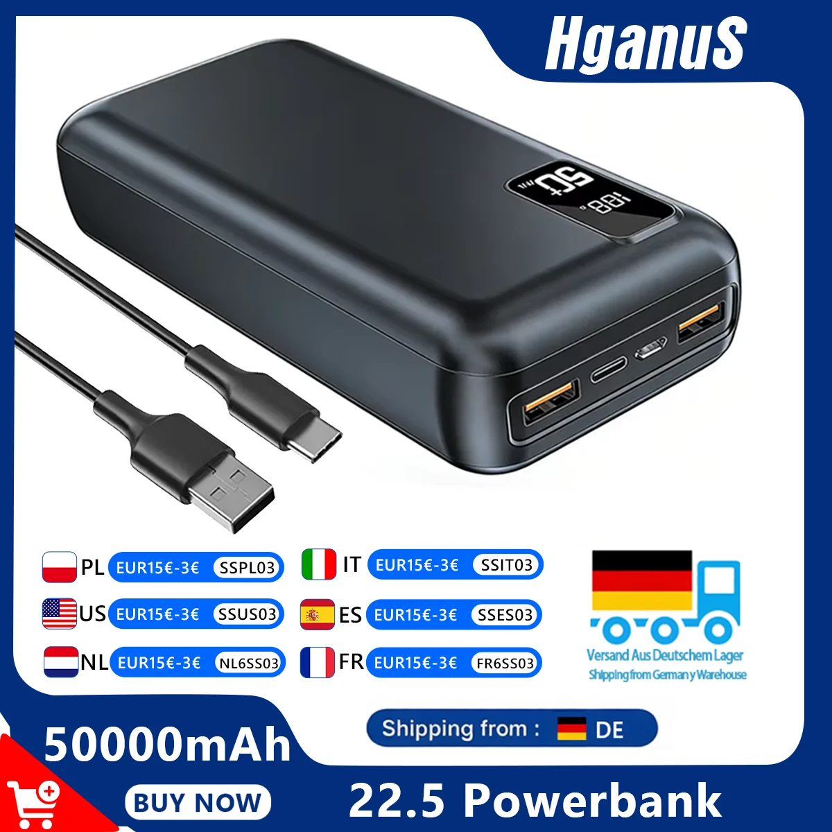 Hganus 50000mAh Power Bank QC PD3.0 22.5W Charge rapide Type C USB C Sortie Batterie externe Station de charge pour utilisation en extérieur Téléphone Ordinateur portable Xiaomi Huawei 18 17 16