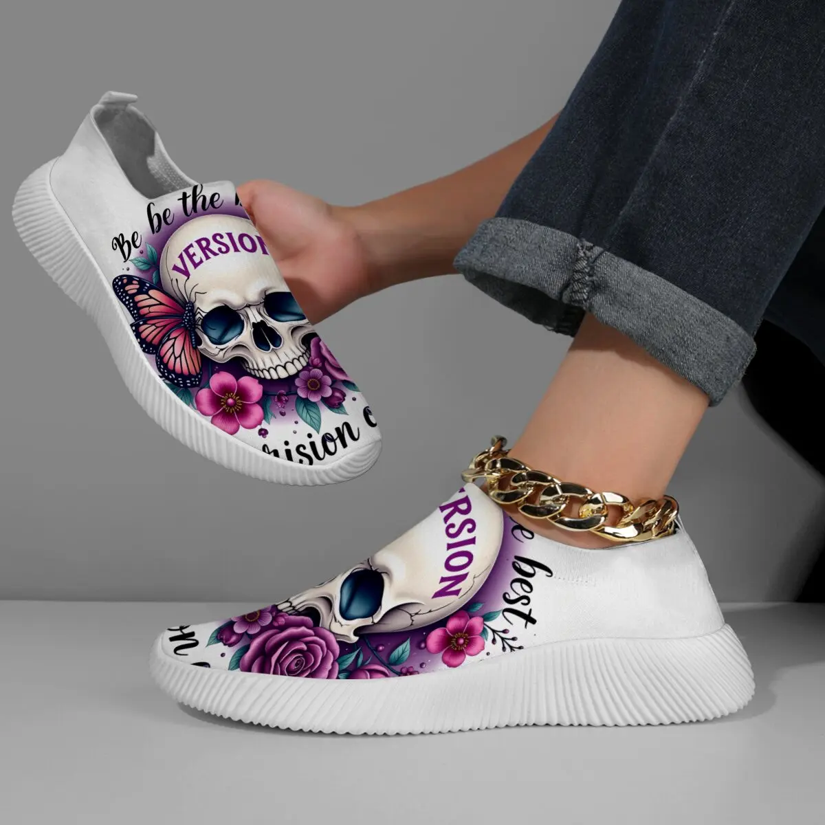 

Parent-child Shoes Skull Purple Roses Slip-On Sneakers For Women Cartoon Fashionable Pattern Design Lace-up Casual Sports Shoes