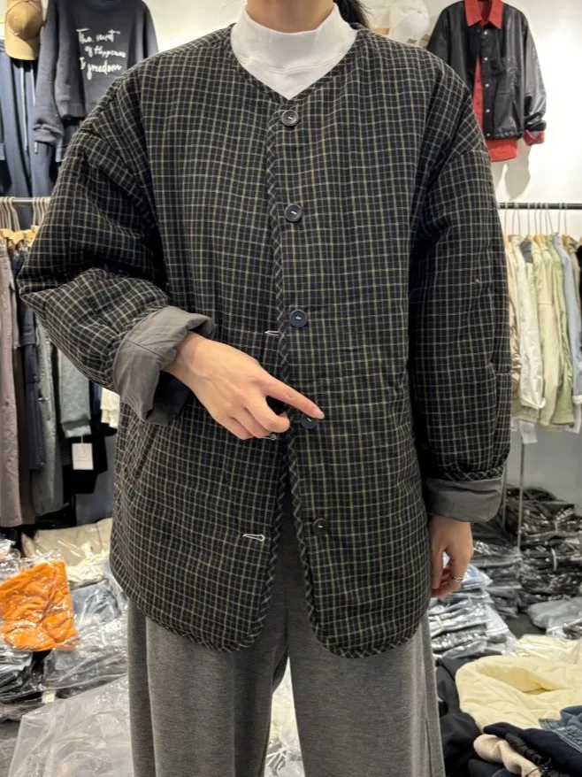 

Double-Sided Wear round Ne Plaid Casual Cotton Jaet Korean Sle Versatile Autumn Winter Faion Commute Thiened Long S...