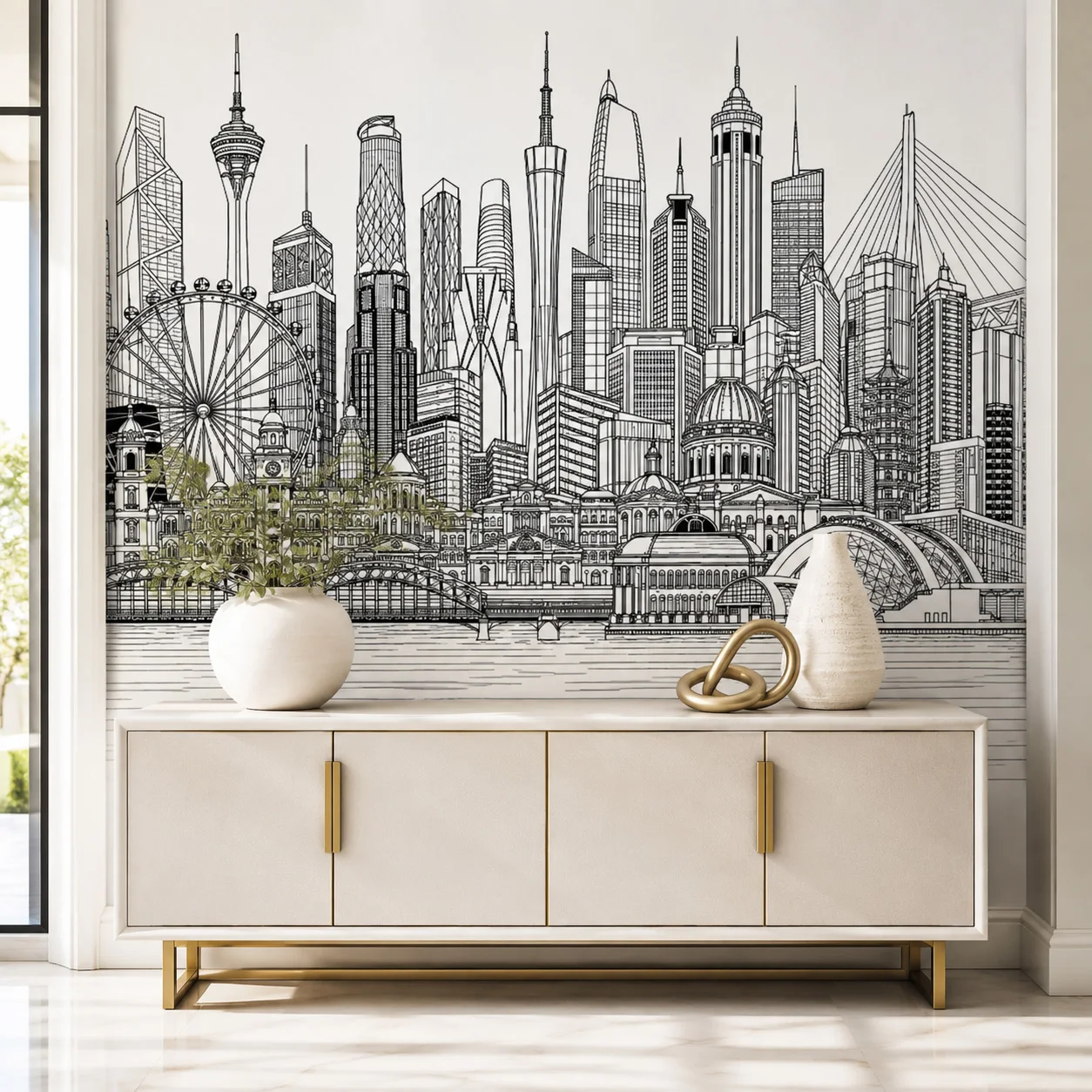 Black White City Skyline Wallpaper Mural Modern Urban Line Art Wall Covering Living Room Bedroom Decor Non Woven Wallpaper