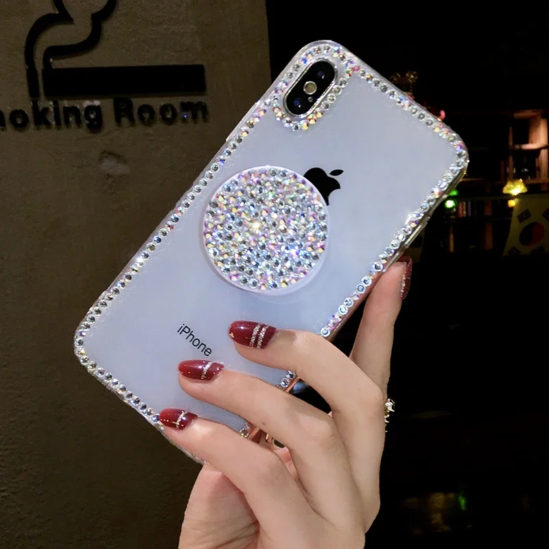 Luxury Bling Rhinestone Crystal Airbag Bracket Clear Soft Case Cover For SamsungS24 S25 S21 FE S22 Ultra S23PLUS Note 10 20 Capa
