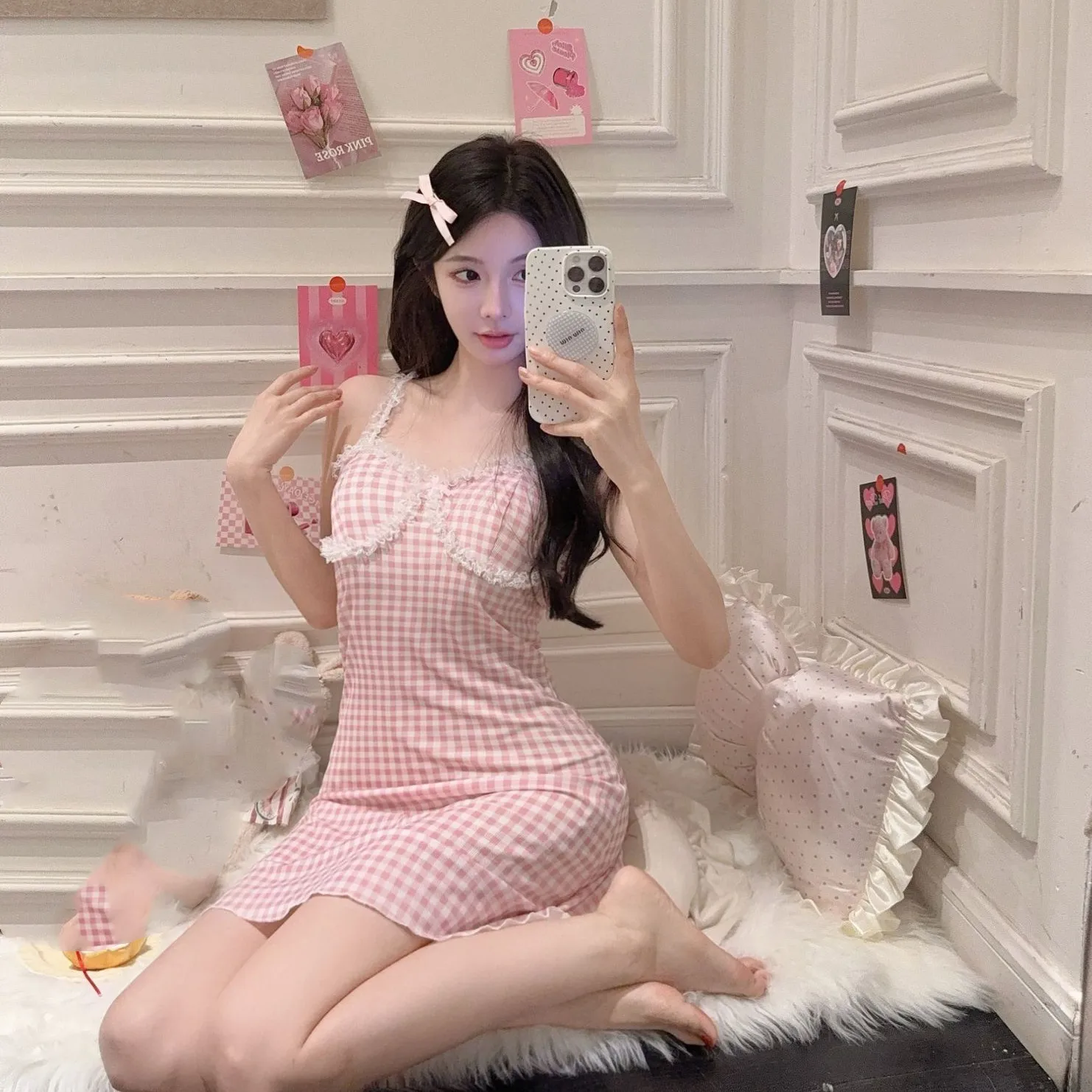 Сексуальная ночная рубашка на подтяжках в клетку с принтом, одежда для сна, домашнее платье, элегантная ночная рубашка во французском стиле, нижнее белье из ледяного шелка, одежда для отдыха