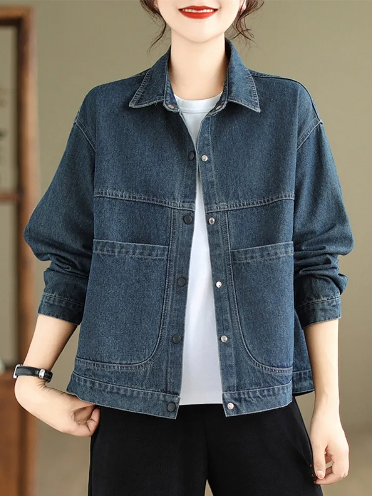 

Джинсовая ткань с талией в стиле ретро, женский повседневный воротник с лацканами и большими кетами, весна-осень, универсальный открытый кардиган больших размеров, топ