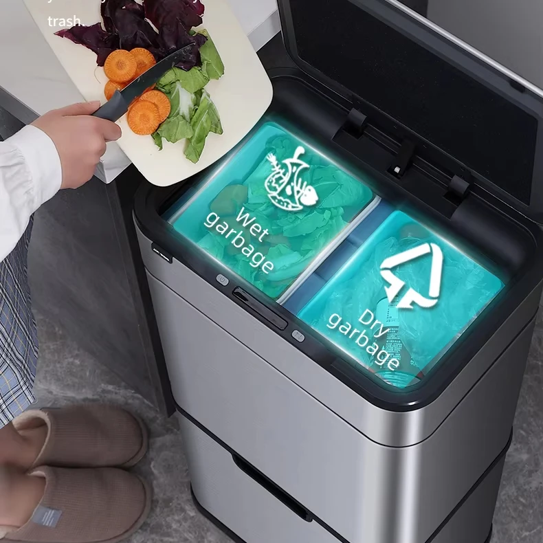50L kitchen stainless steel can sort 4 bins sensor dual smart bins with sorting inner bucket