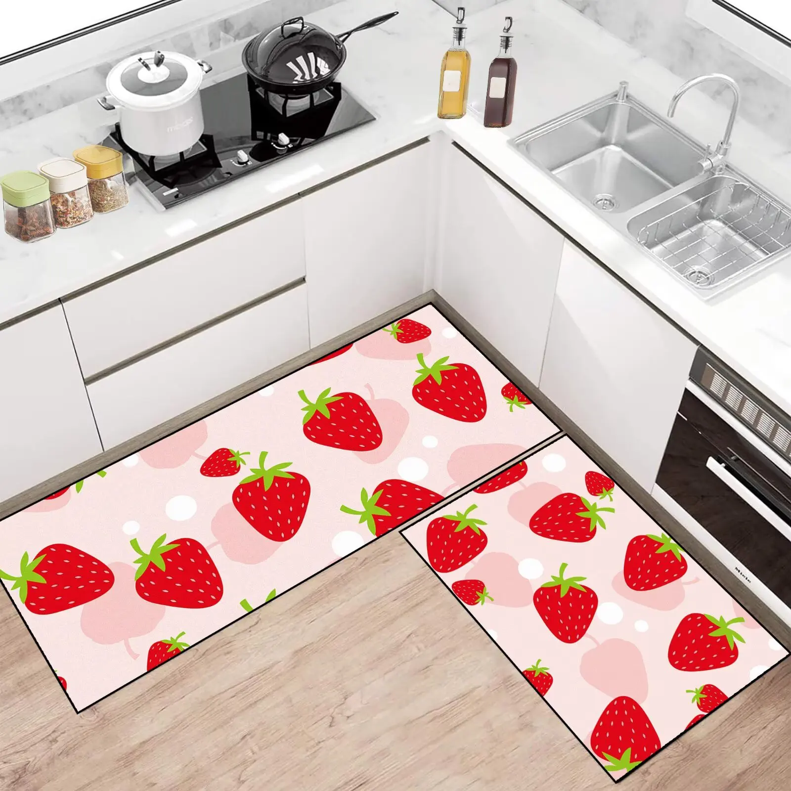 

Cute Strawberry Kitchen Rug Set 2 Piece Rugs and Mats Anti-Fatigue Rugs Decor for Kitchen Laundry Floor