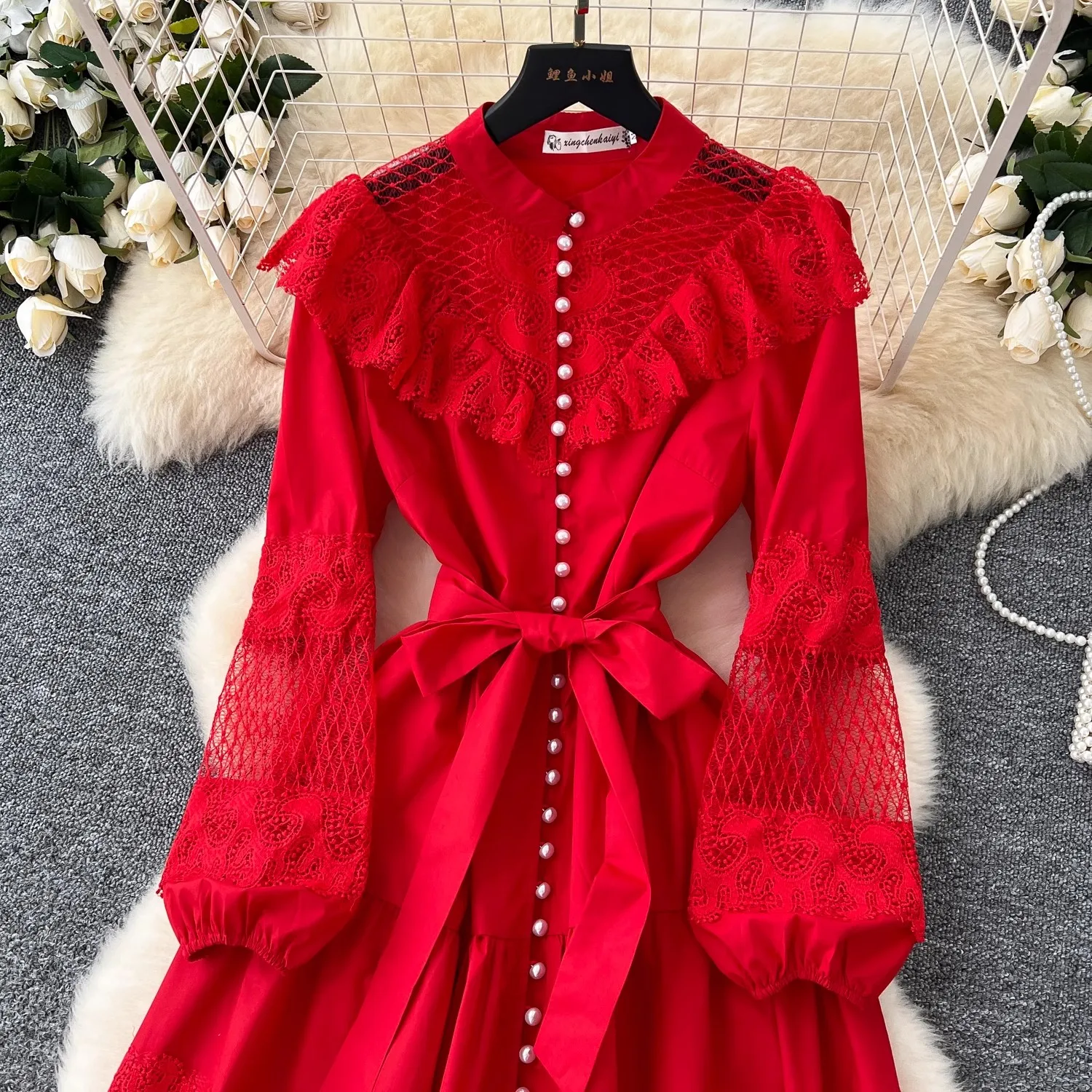 滑走路フリルフラワーレース刺繍パッチワークレッドロングパーティードレス女性の真珠シングルブレストヴィンテージイブニングプロム Vestido