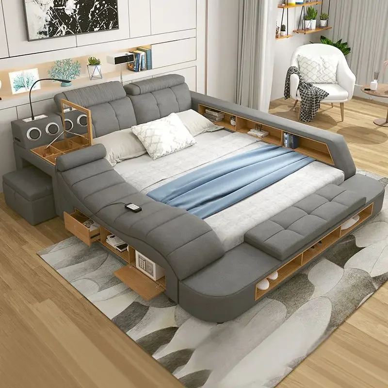 

Headrest Style Double Bed Simple Modern Loft Massage Double Bed Twin Smart Sleeping Letto Multifunzione Bedroom Furniture