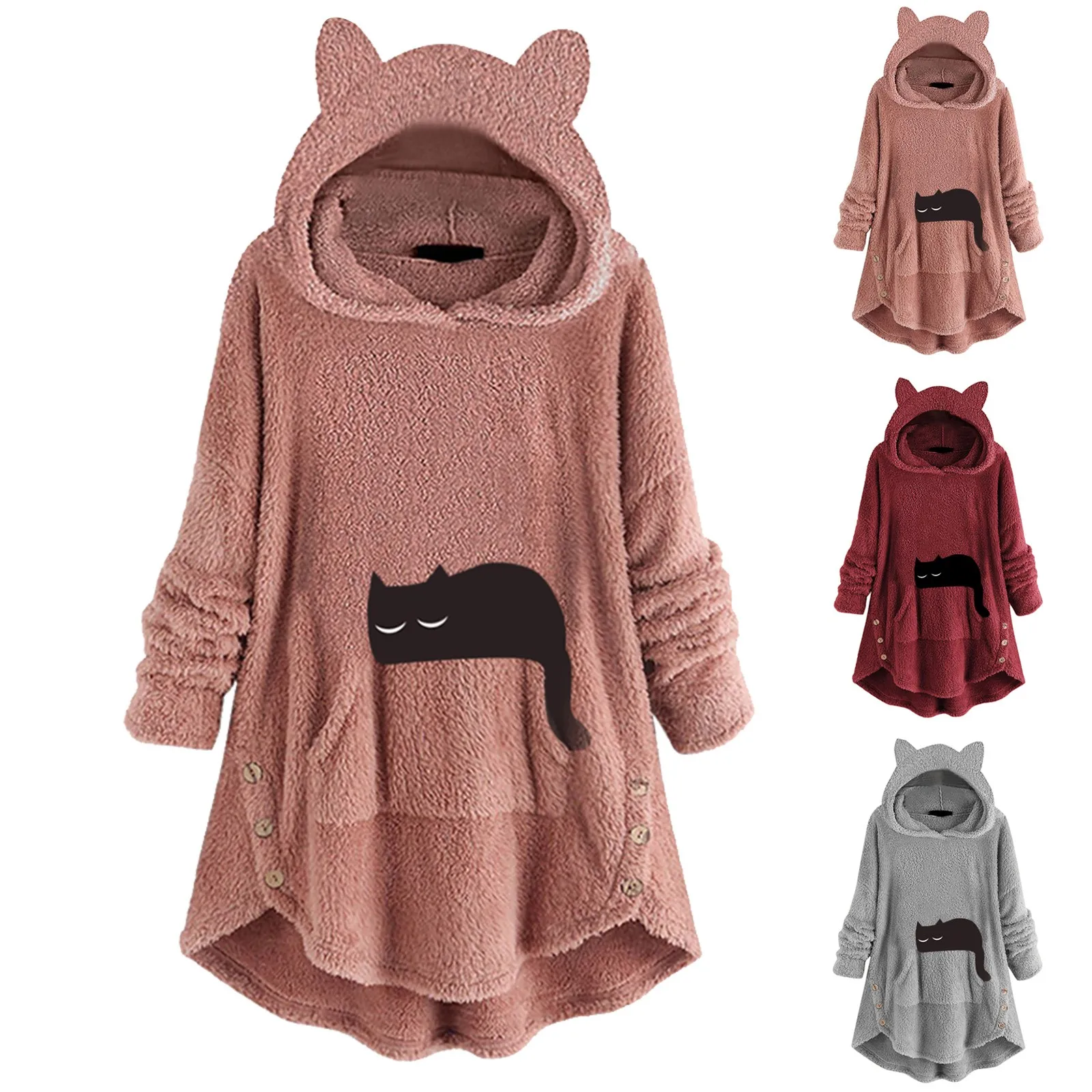 

Fashion Hoodies Women Jacket Button Cat Ear Coat Tops Hooded Pullover Loose Sweatshirts Plus Size Warm Thick Fleece Outerwear