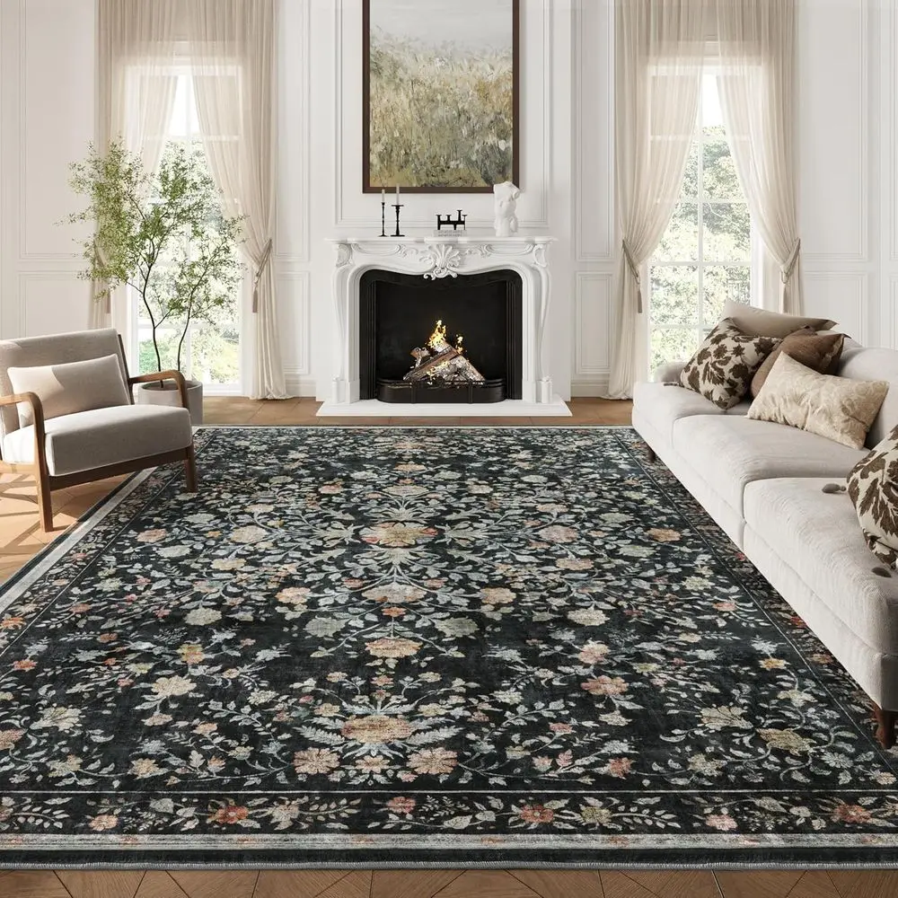 

Floral 8x10 Washable Area Rug, Non-Slip Soft Carpet for Living Room, Bedroom, Dining & Home Office