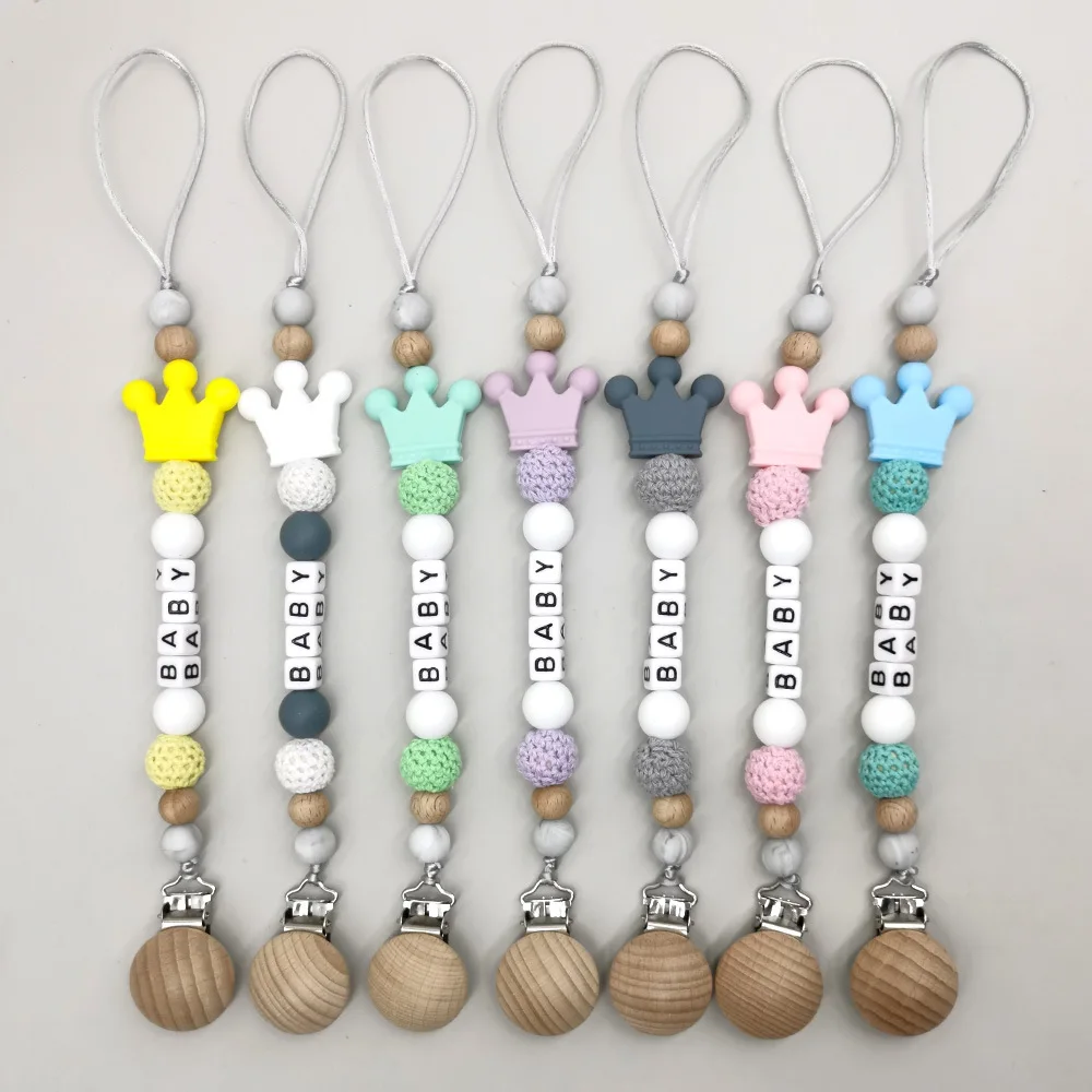 

НОВЫЙ индивидуальный индивидуальный зажим для соски с именем, деревянная цепочка ручной работы из бука, силиконовый держатель для короны, пустышка, детская игрушка для прорезывания зубов, жевательный подарок