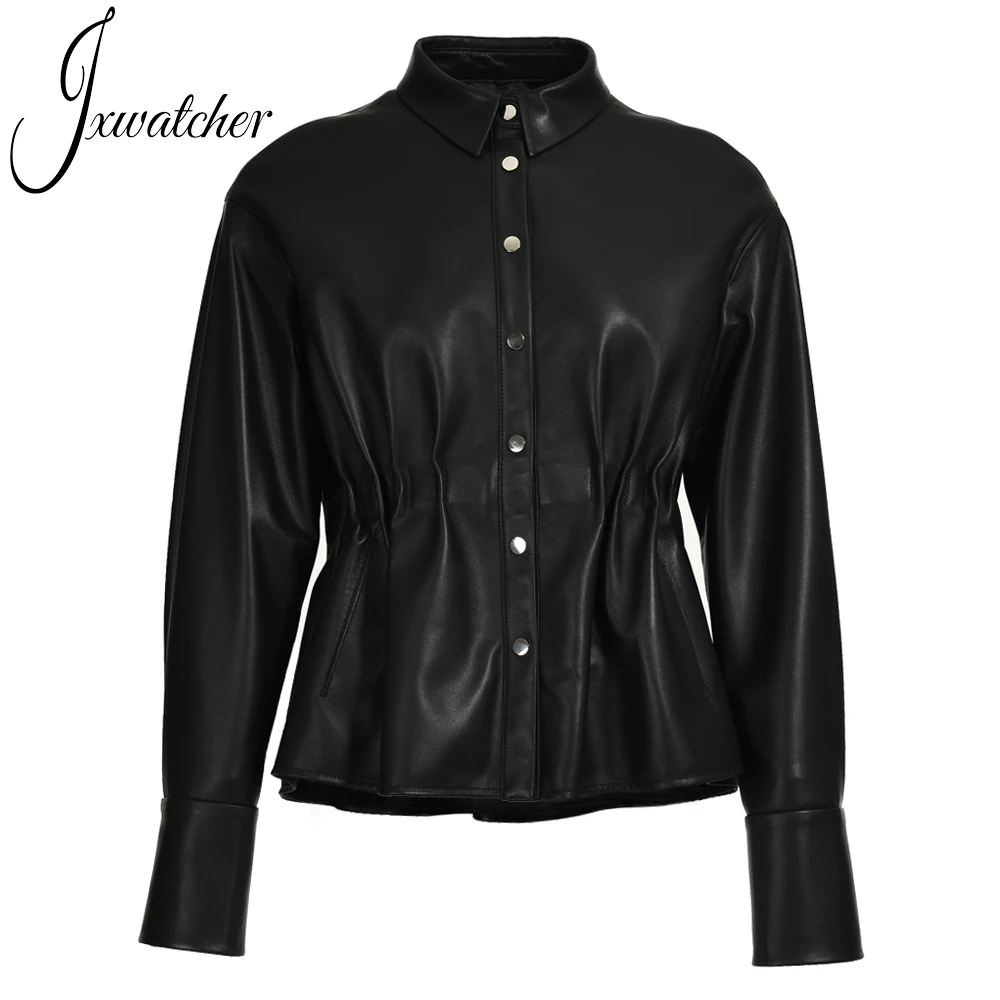 Jxwatcher-Chaqueta de cuero auténtico para mujer, abrigo de piel de oveja suave, ajustado, liso, elegante, prendas de vestir de otoño, novedad de 2022