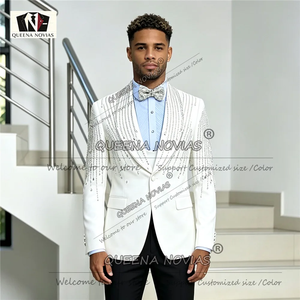 Customized Groom Tuxedo Suit For Wedding 3-Piece Set Shawl Lapel Prom Blazer Pants Gold Rhinestone Design Man Banquet Clothing