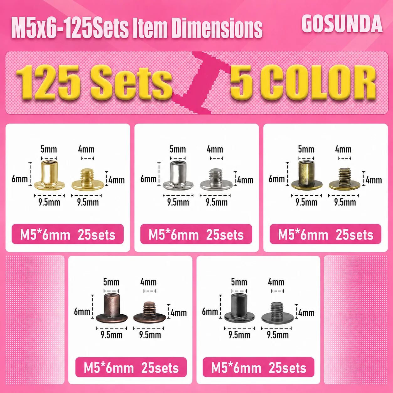 GOSUNDA 125Sets Chicago Screws for Leather 5Color Assortment 25per Color Match or Contrast Hardware on Belt Folds and Bag Straps