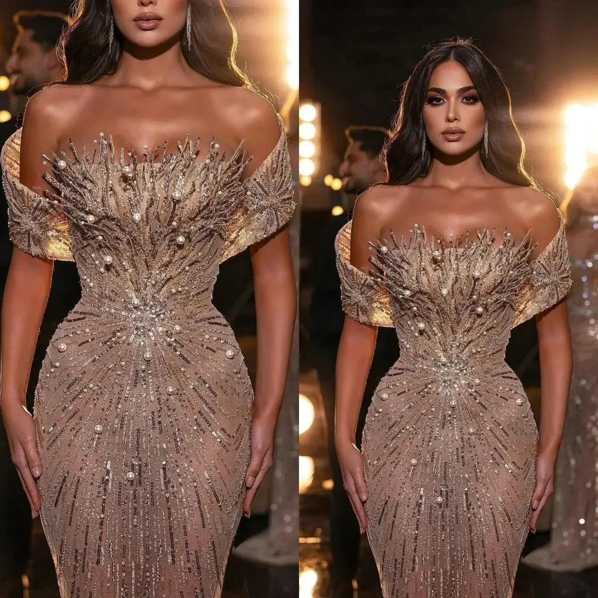 

Customized Women's 2025 Luxury Sexy Evening Dress Pearl sequins Mermaid Ball Dress Off Shoulder Transparent Party Dress