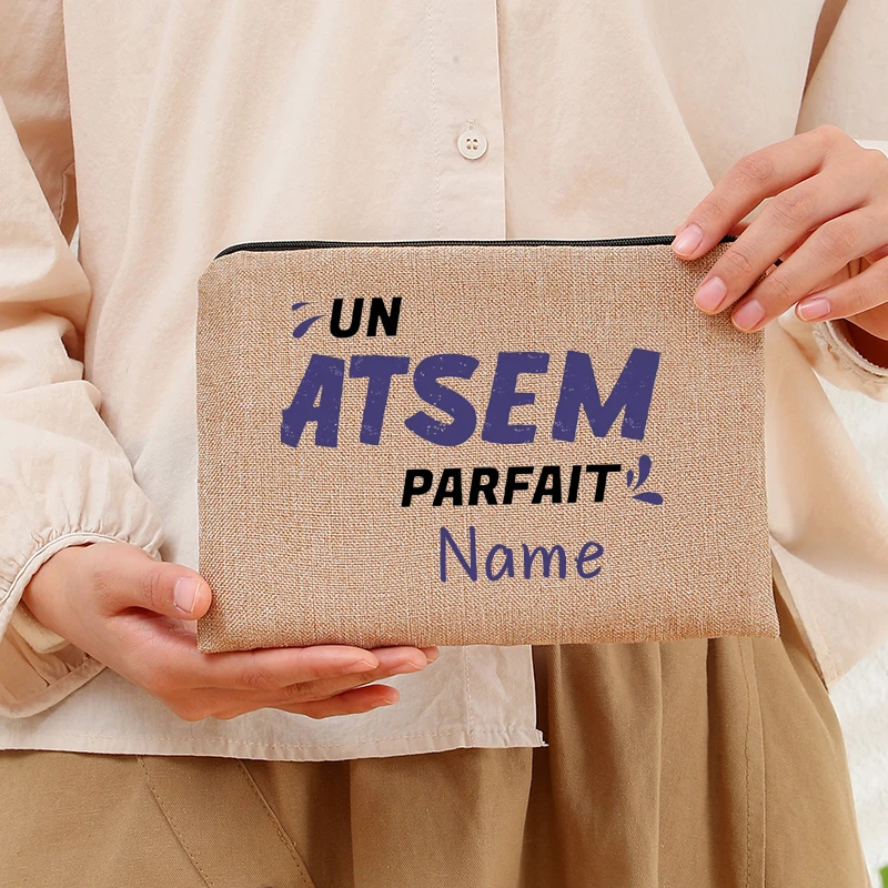Atsem DE L'ANNEE Custom Name Cosmetic Bag with Zipper Travel Storage Linen Toiletries Pouch Office Supplies Pen Case Wallet Gift