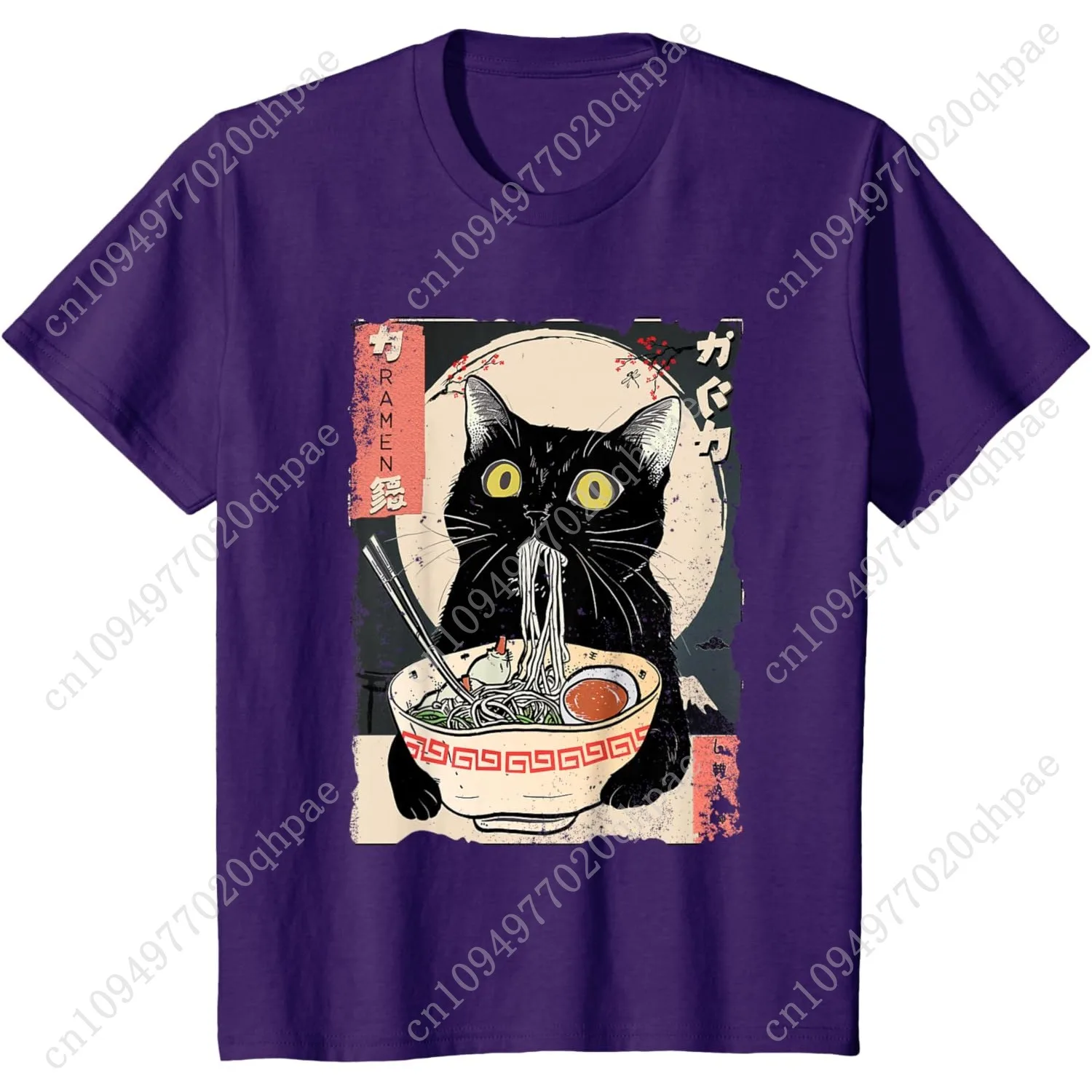 Kawaii القط الأكل رامين الشعرية مضحك أنيمي هدية الفتيات المراهقين تي شيرت