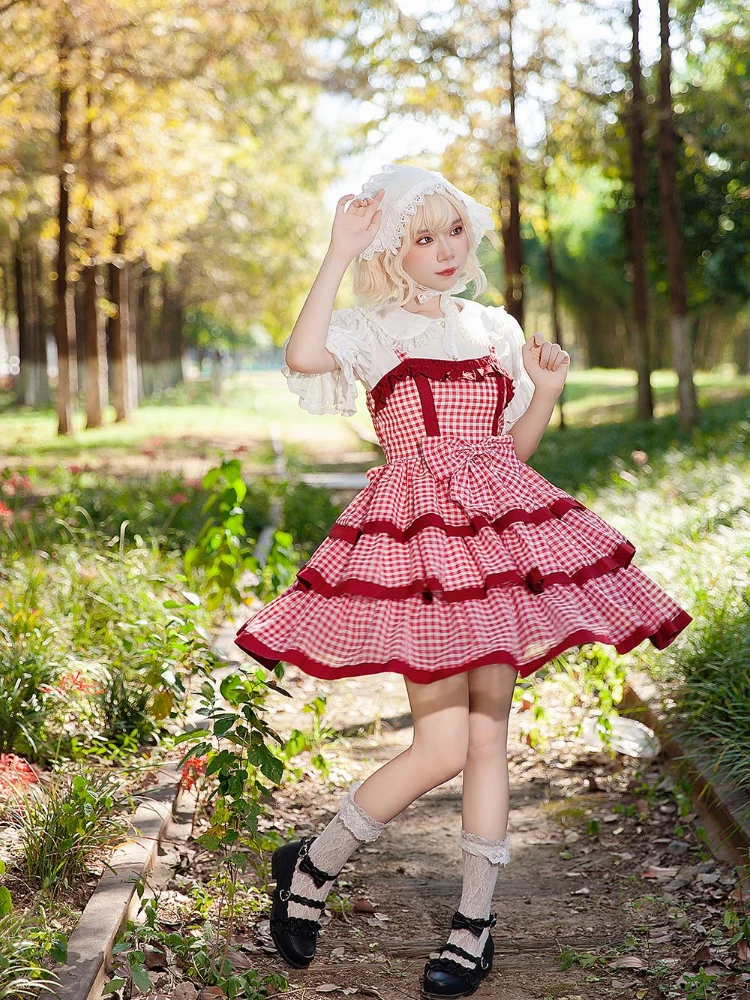 Estilo japonês doce bonito babados emenda grande arco gola quadrada sem mangas cintura alta em camadas lolita jsk vestido para mulher verão