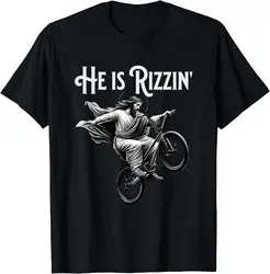 He Is Rizzin Jesus Riding BMX Bike Funny Bicycle Rizz T-Shirt  Men Clothing Tops Graphic T Shirts Streetwear Ropa Hombre