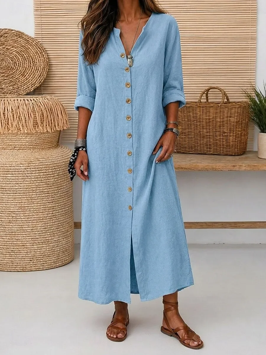 Ladies Casual Button Down Shirt Dress Linen Blend Roll Up Sleeve Straight Midi Dress