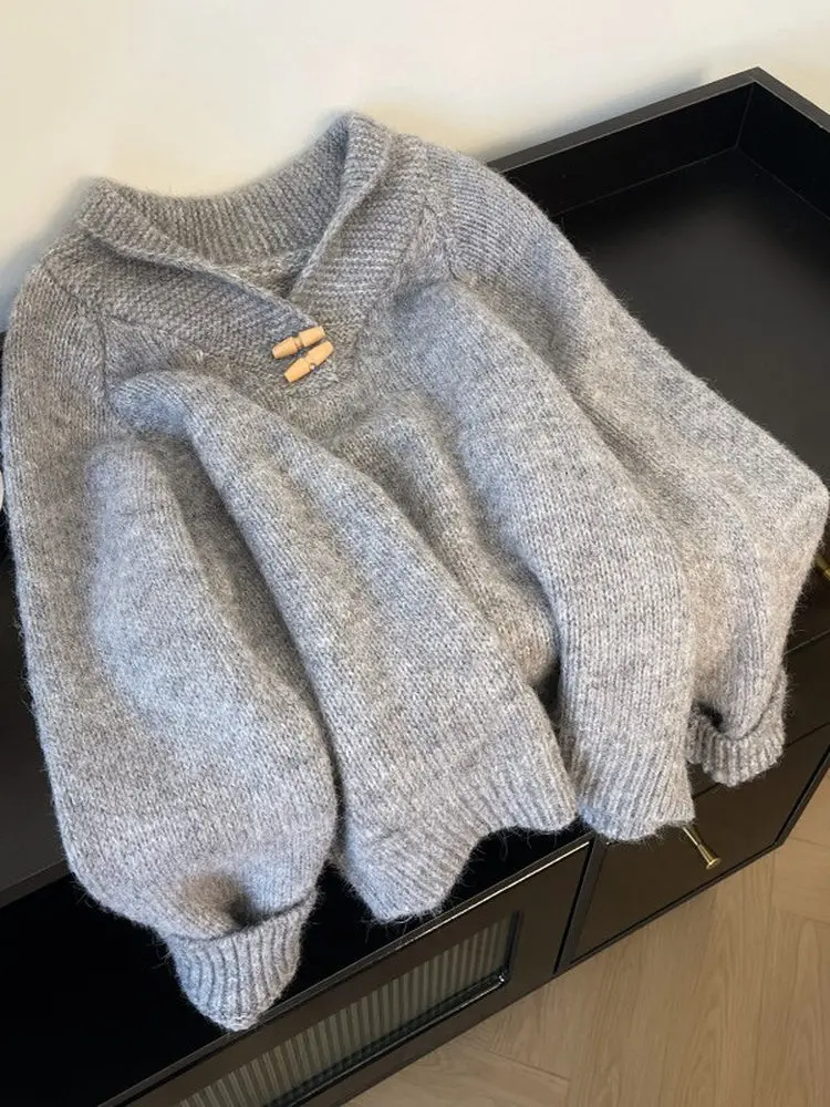 

Ele ey Button-Up Knit Sweater Women's Autumn Winter Loose Sle Large Size Comfortable Lazy Faion Knitted Top