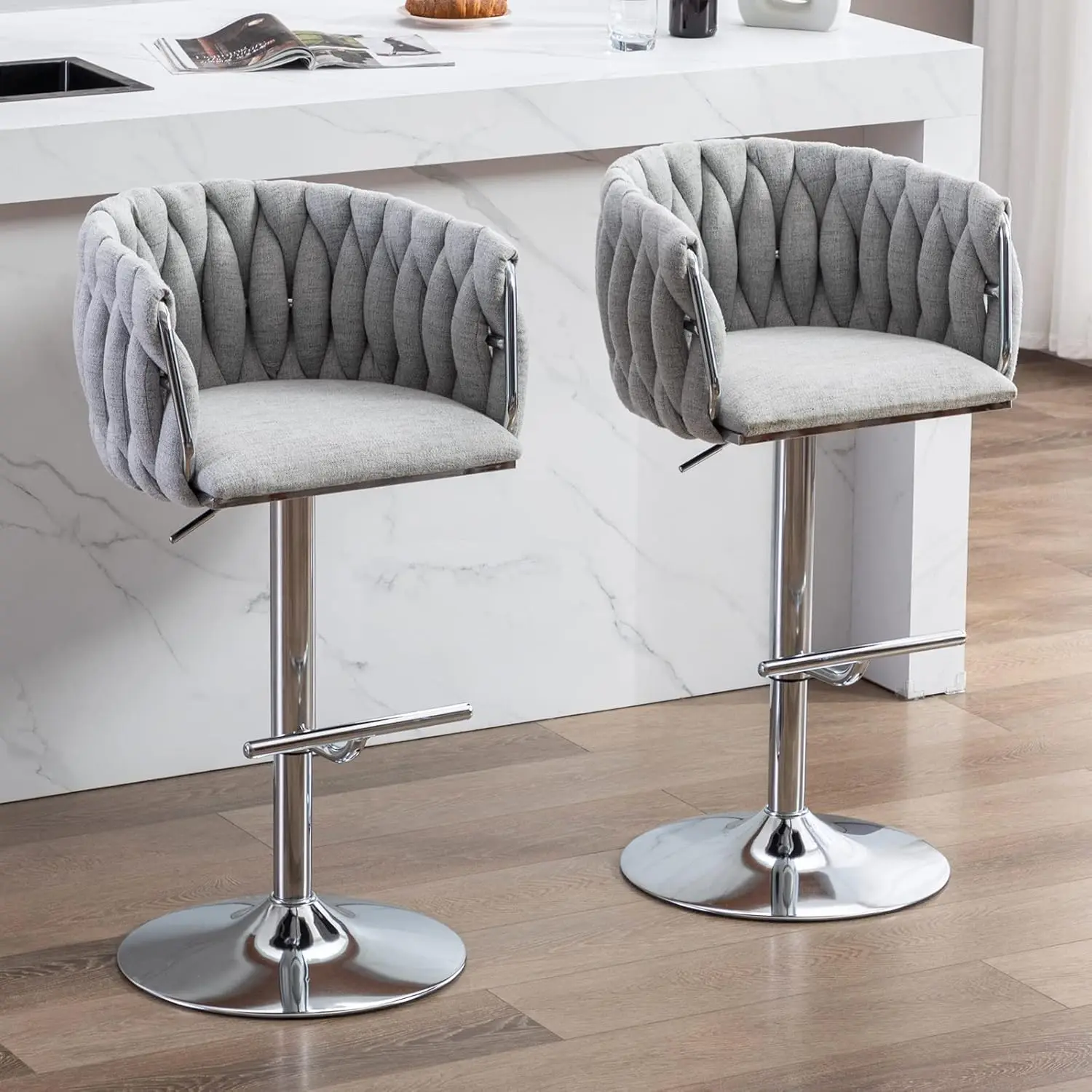 

DUOMAY Modern Swivel Bar Stools Set of 2, Linen Fabric Adjustable Height Barstool with Barrel Back Kitchen Island Counter Bar