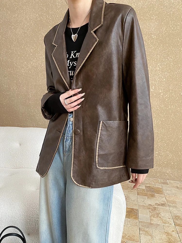 [LANMREM] Vintage Leather For Women Notched Single Breasted Office Lady Loose Jackets Fashion Coat 2024 Autumn New 26C636