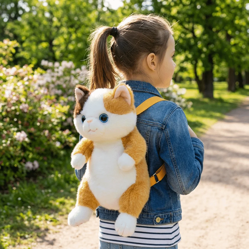 

Travel Soft Cat Backpack Striped Pattern Fluffy Texture Stuffed Animal Daypack Sitting Pose Lovable Simulation Cat Bag Daily