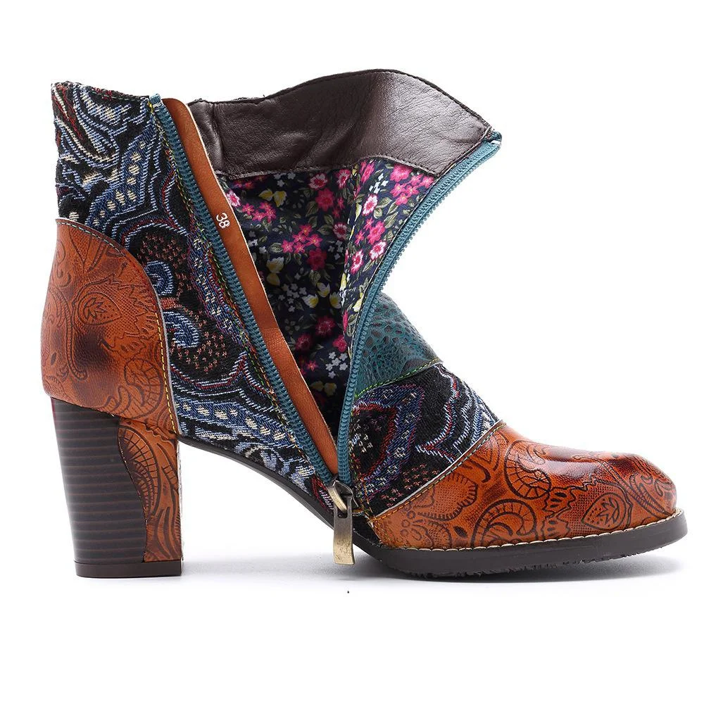 Leather stitched women's shoes jacquard technology comfortable thick heel short women's Boots
