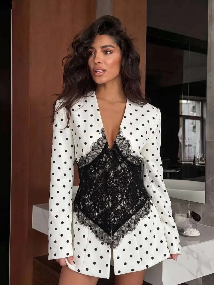 White Black Polka Dot Open Front Blazers Chic V Neck Floral Lace Corset Camis Tops 2026 Autumn  Street Dating Club Ladies Outfit