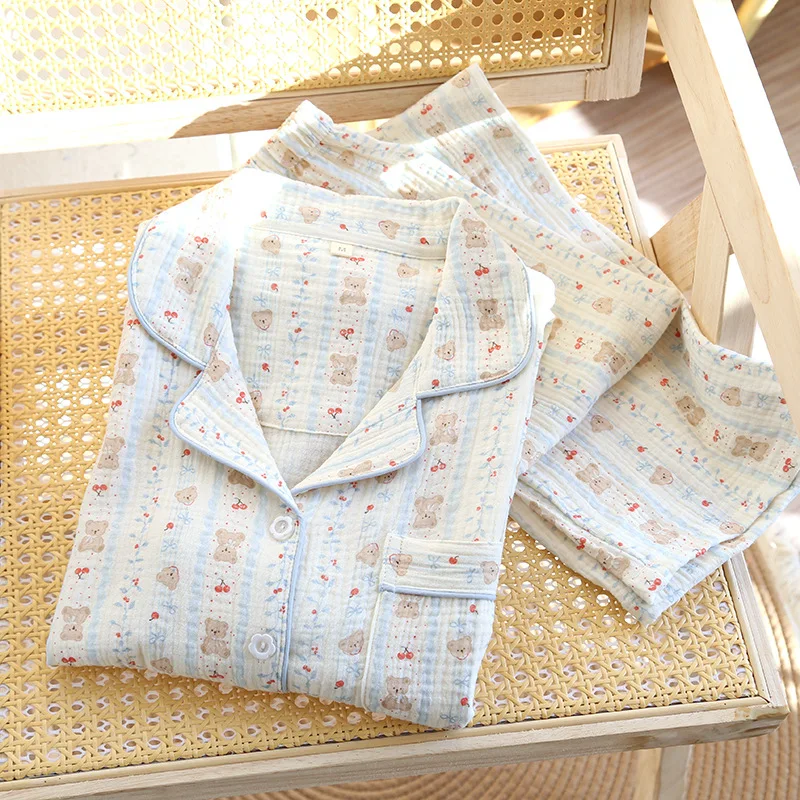 

Pure Cotton Pajamas Women's Spring Summer Thin Cotton Yarn Long-sleeved Trousers 2pcs Set Fresh Sweet Loose Loungewear Set